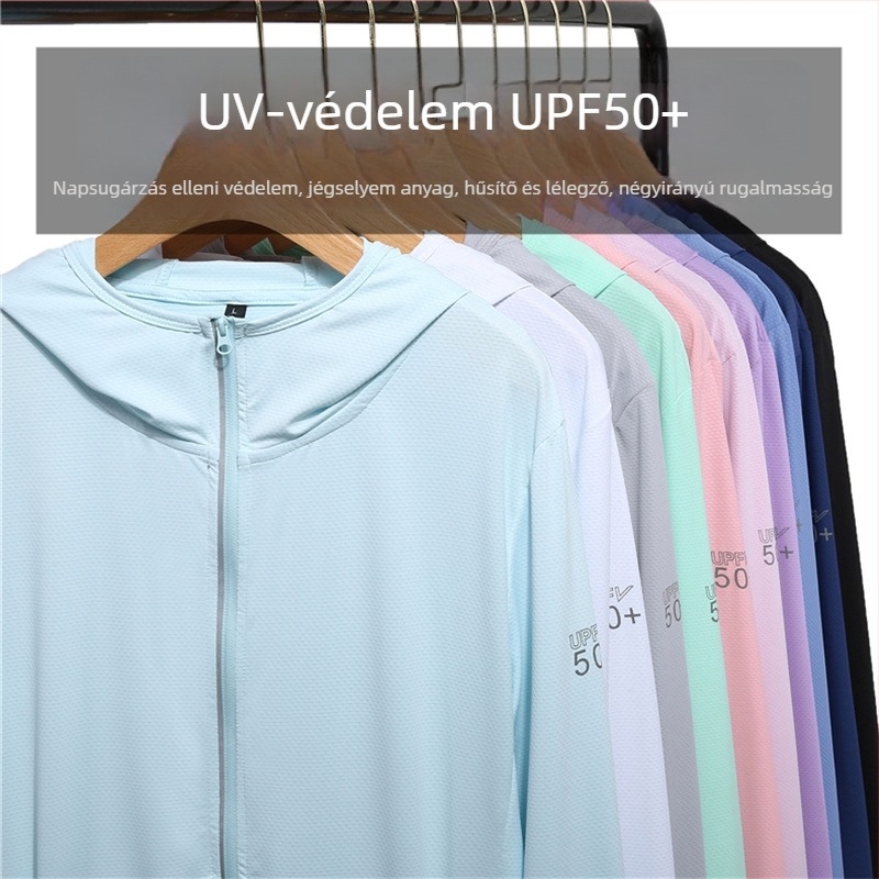 Kültéri szélvédő kabát, uniszex, UPF50+ napsugárzás elleni védelem, légáteresztő, kapucnival, nylonból