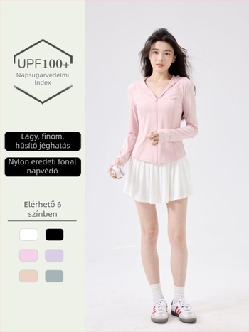 Női kapucnis napvédő felső, slim fit, Nylon-Spandex keverék 80–90%, UPF100+, elöl cipzár