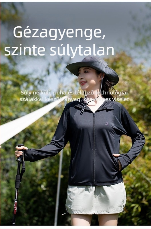 Uniszex napvédő dzseki UPF50+, légáteresztő poliészterből, kapucnival, kempingezéshez, túrázáshoz és horgászathoz