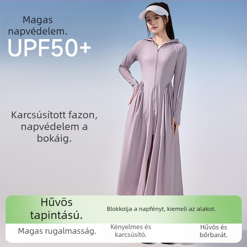 Női hosszú UV-védelmi ruha UPF50+, hercegnő-sziluett, karcsú derék és széles karimájú kalap, nyár 2025