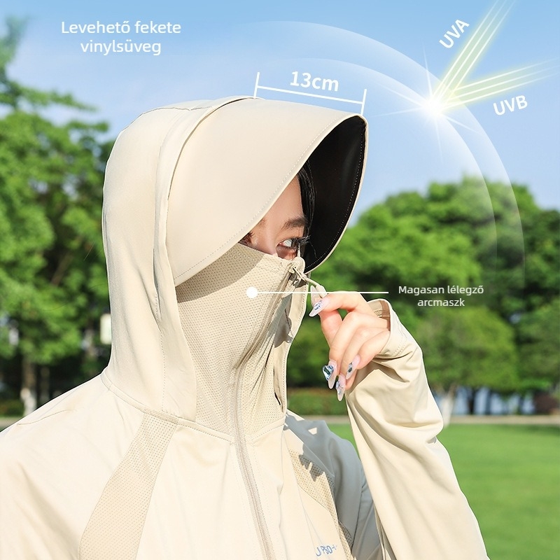 Női napvédő felső levehető nagy karimával, nylon Ice Silk anyagból, légáteresztő és ultra könnyű, UV védelem