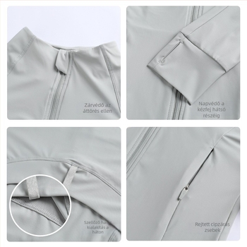 Női UV-védő dzseki Nylon-Spandex anyagból, karcsúsított fazon, álló gallér, hosszú ujj, cipzár