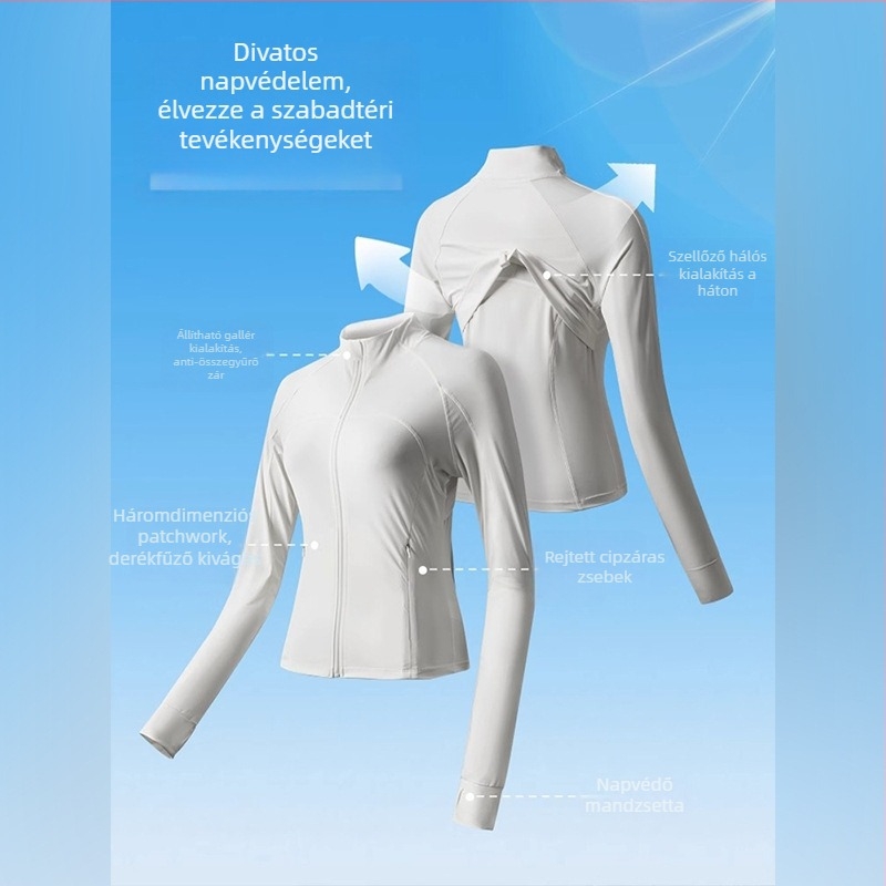 Női UV-védő dzseki Nylon-Spandex anyagból, karcsúsított fazon, álló gallér, hosszú ujj, cipzár