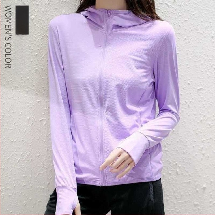 Női kapucnis napvédő kabát UPF50+, könnyű Ice Silk poliészter anyag, légáteresztő, előre cipzár, rombus mintázat