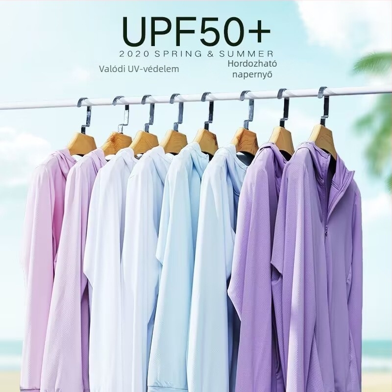 Női kapucnis napvédő kabát UPF50+, könnyű Ice Silk poliészter anyag, légáteresztő, előre cipzár, rombus mintázat