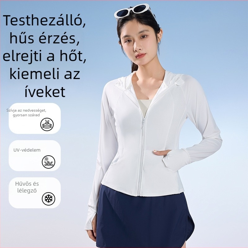 Női karcsúsított kapucnis hosszú ujjú dzseki, sportos/jóga ruházat, napvédelmi funkcióval