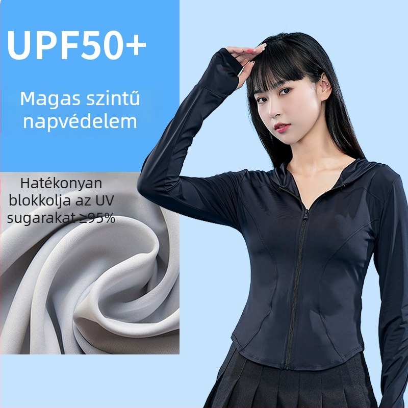 Női nyári kapucnival ellátott dzseki UV-védelmet UPF50+, karcsú fazon, Ice Silk hűsítő anyag