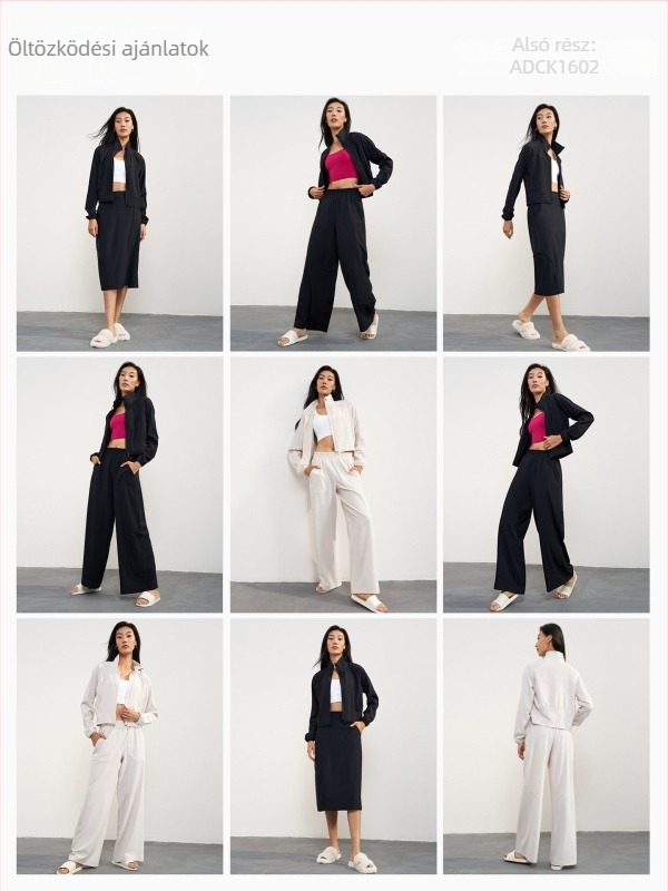 Napvédő jóga dzseki, szövött anyag, 91% poliészter és 9% elasztán; hosszú ujjú; laza szabású; álló gallér és első cipzár; hossz a csípőig.