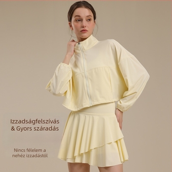 Jóga szett: dzseki-szoknya, lélegző nylon anyag, UV-álló, gyorsan száradó, magas gallér, zsebek, hosszú ujjak, hossz 55–60 cm, szoknya hossz 34–37 cm