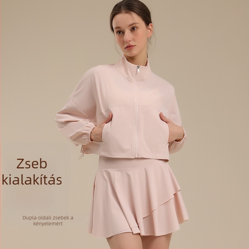 Jóga szett: dzseki-szoknya, lélegző nylon anyag, UV-álló, gyorsan száradó, magas gallér, zsebek, hosszú ujjak, hossz 55–60 cm, szoknya hossz 34–37 cm