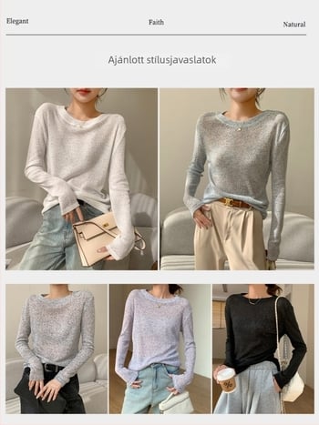 H826 Francia stílusú puha kötött pulóver áttört mintázattal, lazán szabott felső, kerek nyakú, divatos darab