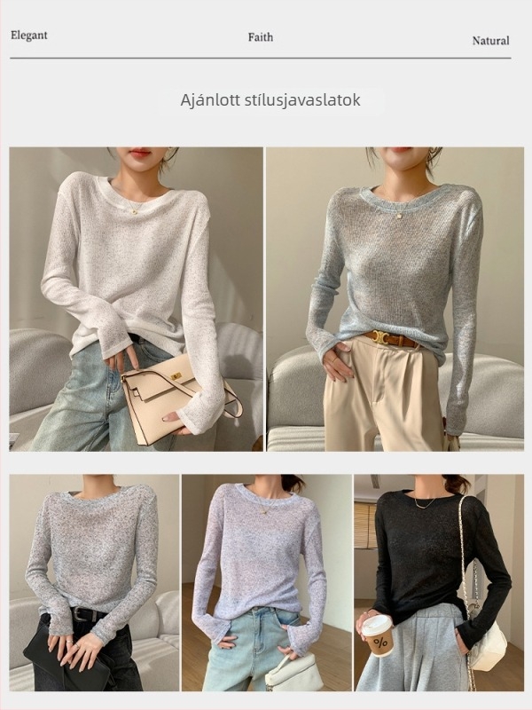 H826 Francia stílusú puha kötött pulóver áttört mintázattal, lazán szabott felső, kerek nyakú, divatos darab