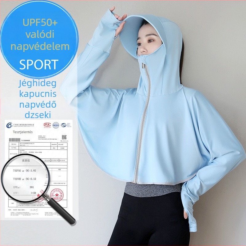 Női UV-védett kerékpáros felső kapucnival, hosszú ujjú, Ice Silk anyag