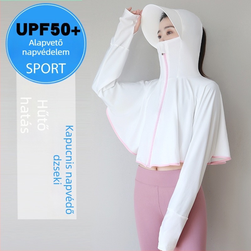 Női UV-védett kerékpáros felső kapucnival, hosszú ujjú, Ice Silk anyag