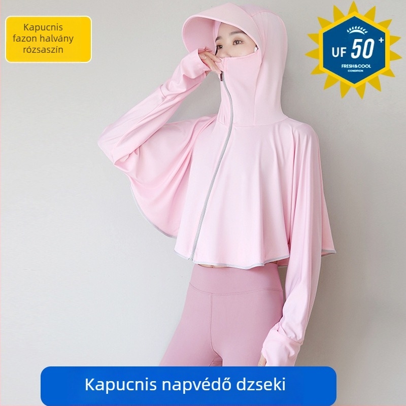 Női UV-védett kerékpáros felső kapucnival, hosszú ujjú, Ice Silk anyag