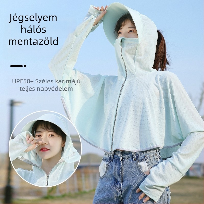Női UV-védett kerékpáros felső kapucnival, hosszú ujjú, Ice Silk anyag