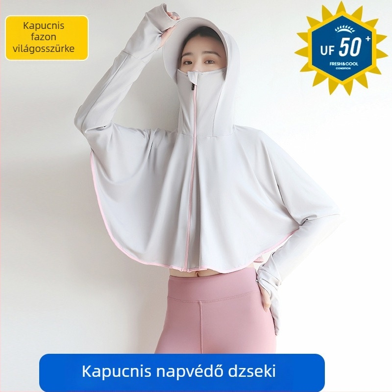 Női UV-védett kerékpáros felső kapucnival, hosszú ujjú, Ice Silk anyag
