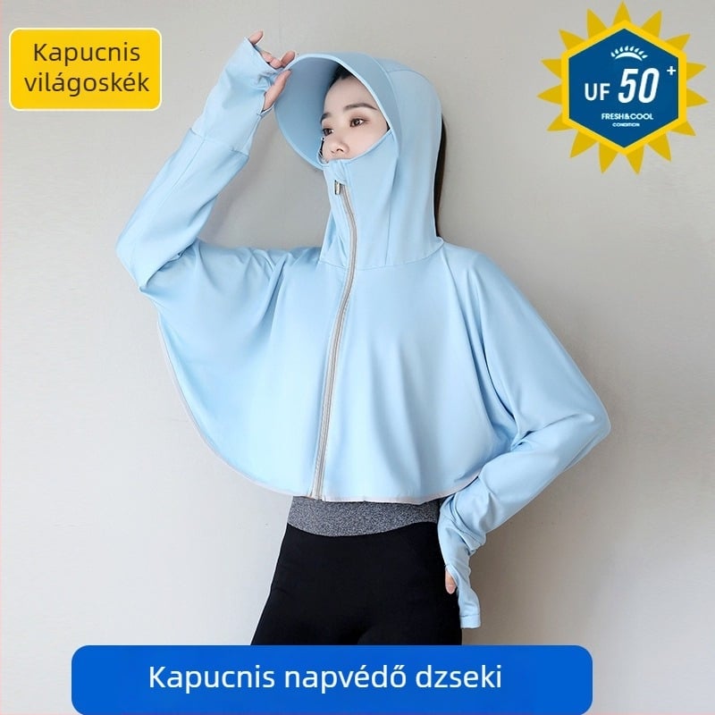 Női UV-védett kerékpáros felső kapucnival, hosszú ujjú, Ice Silk anyag