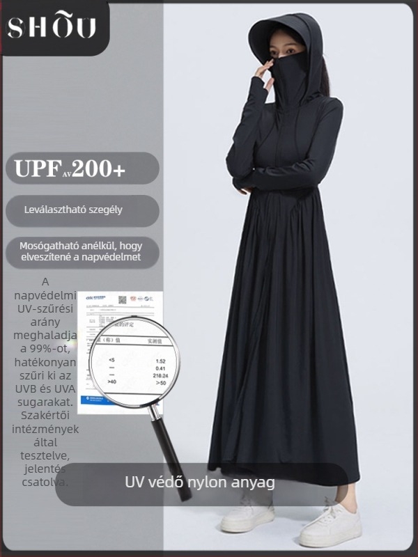Nylon napvédő ruha, karcsú szabású, hosszú ujjú kapucnival, hosszított fazon, UPF50+
