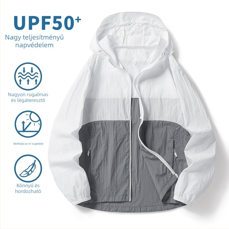 Uniszex nejlon kültéri dzseki UPF50+ UV-védelem, Ice Silk anyag, könnyű és lélegző, kapucnis
