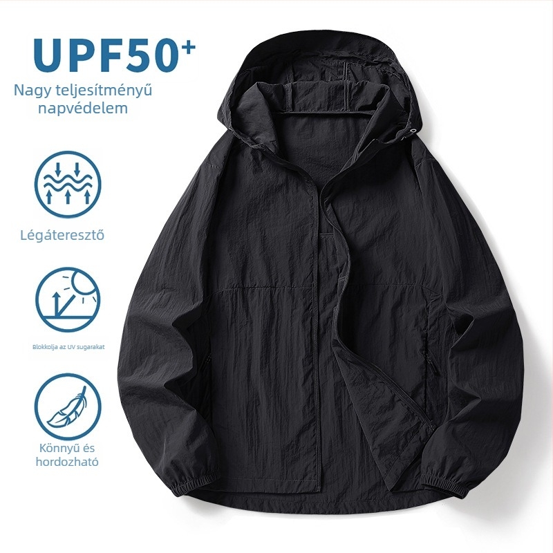 Uniszex nejlon kültéri dzseki UPF50+ UV-védelem, Ice Silk anyag, könnyű és lélegző, kapucnis
