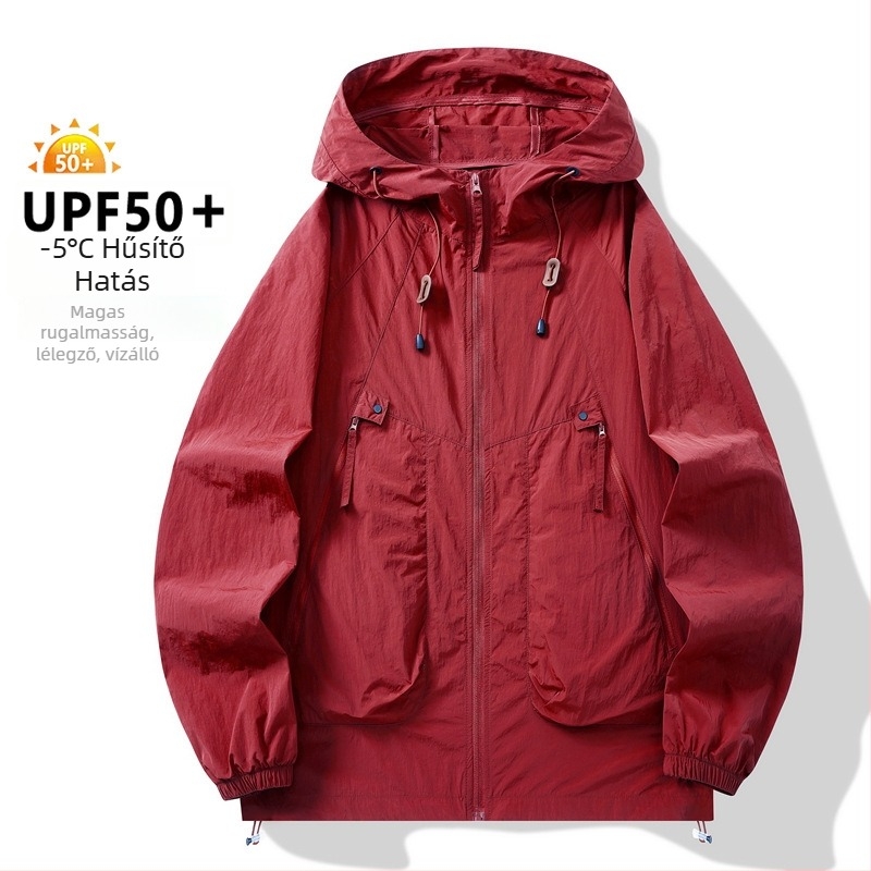 Uniszex nylon külső szélvédő dzseki kapucnival, UPF50+ UV védelem, egyszínű, nyári viselet