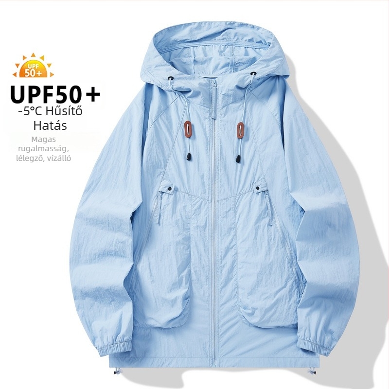 Uniszex nylon külső szélvédő dzseki kapucnival, UPF50+ UV védelem, egyszínű, nyári viselet