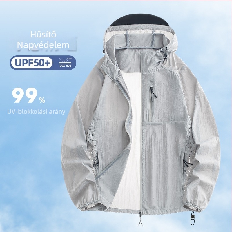 Uniszex nyári könnyű UV-védett dzseki nylon anyaggal, kapucnival, UPF50+, gyorsan szárad, ideális túrákhoz, kempingezéshez és horgászathoz
