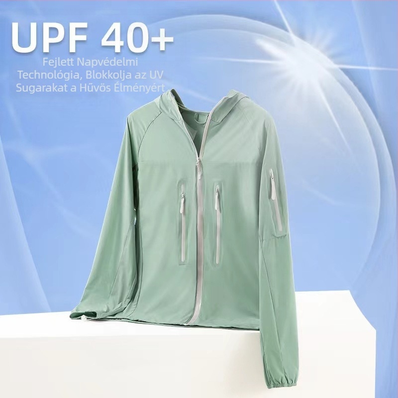 Uniszex kültéri szélvédő dzseki UV védelem UPF40+, légáteresztő nylon anyag, kapucnival