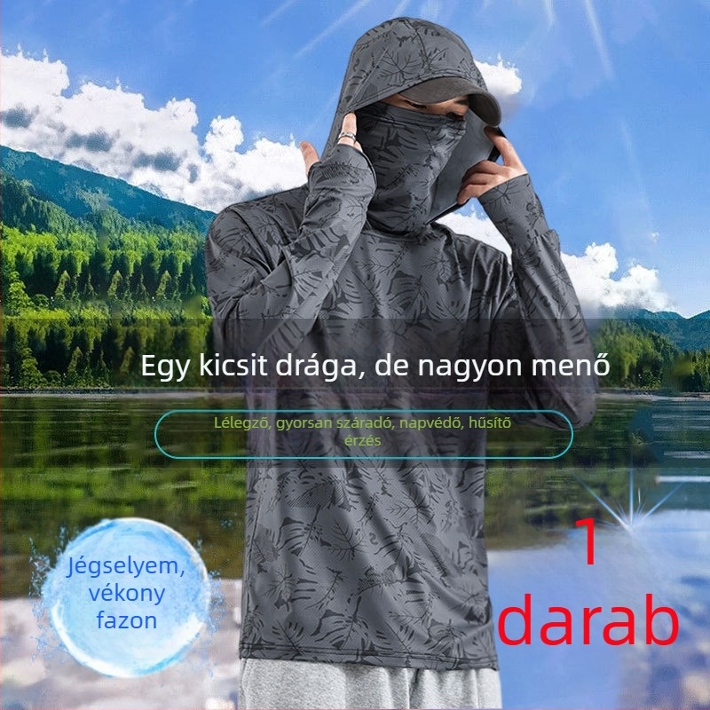 Horgászatra tervezett UV-védett, ultra vékony kapucnis póló, légáteresztő nyári szabadtéri viselet