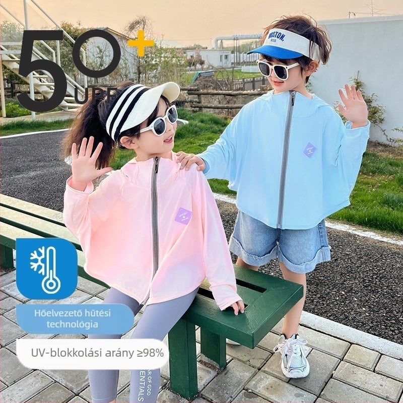 Gyerekeknek szóló UV-védő felső UPF50+ Ice Silk, nyári légáteresztő, batwing ujjak, 7–12 éveseknek, 95% poliészter