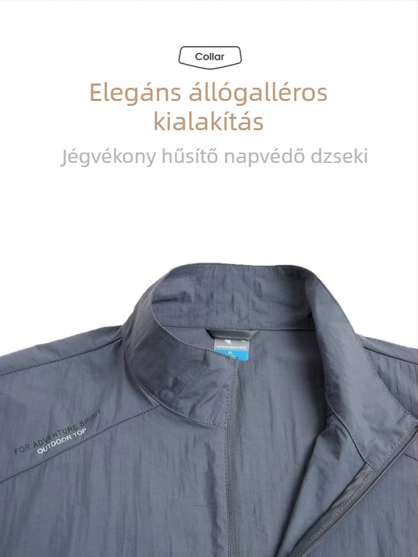 Férfi napvédő szélvédő dzseki, vékony anyag, kapucnival, álló gallér, cipzáros zsebek, poliészter