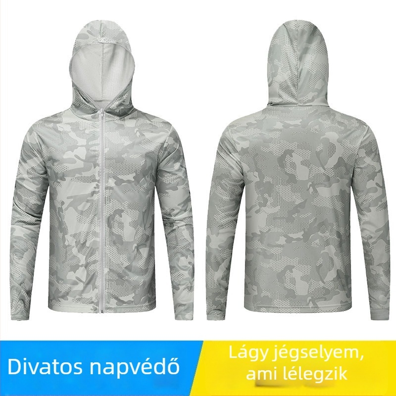 Horgász napsugárvédő ing kapucnival — 100% poliészter, első osztályú hálószövet, nyár, laza szabás