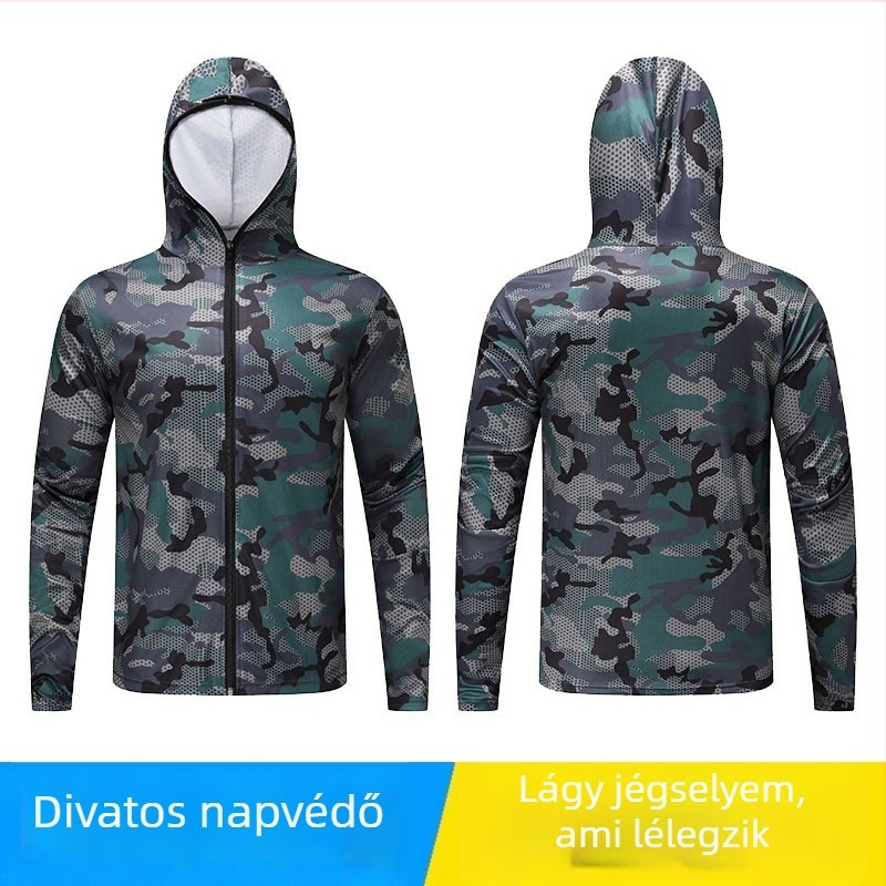Horgász napsugárvédő ing kapucnival — 100% poliészter, első osztályú hálószövet, nyár, laza szabás