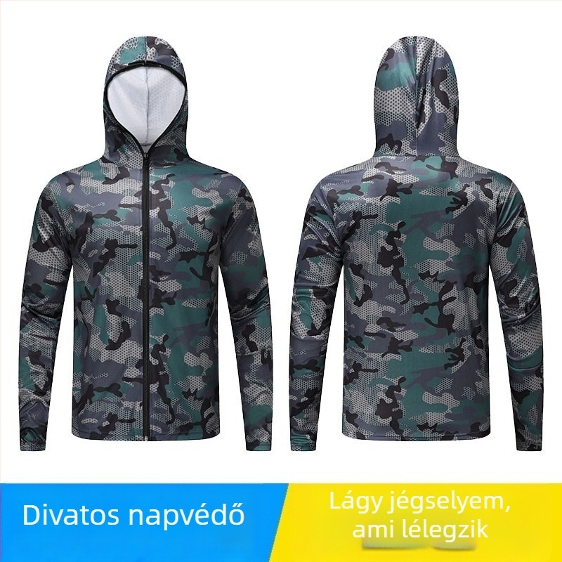 Horgász napsugárvédő ing kapucnival — 100% poliészter, első osztályú hálószövet, nyár, laza szabás