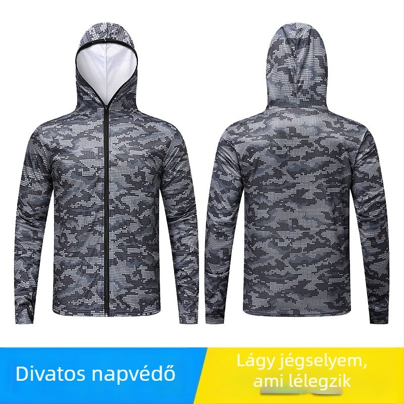 Horgász napsugárvédő ing kapucnival — 100% poliészter, első osztályú hálószövet, nyár, laza szabás