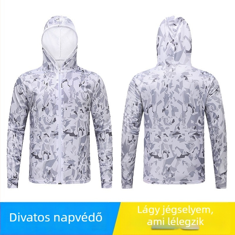 Horgász napsugárvédő ing kapucnival — 100% poliészter, első osztályú hálószövet, nyár, laza szabás