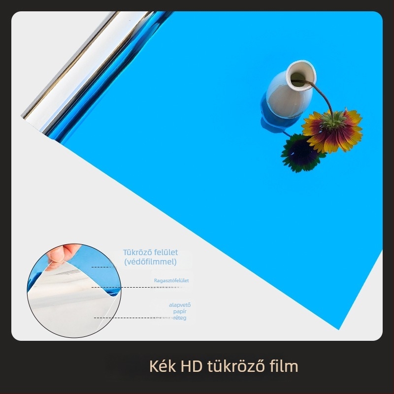 Öntapadós PET tükrös fólia falra; kétoldalas, megfelelő nappalira, hálószobára és kereskedelmi helyiségekbe; napvédelmet, árnyékolást és hőszigetelést nyújt.