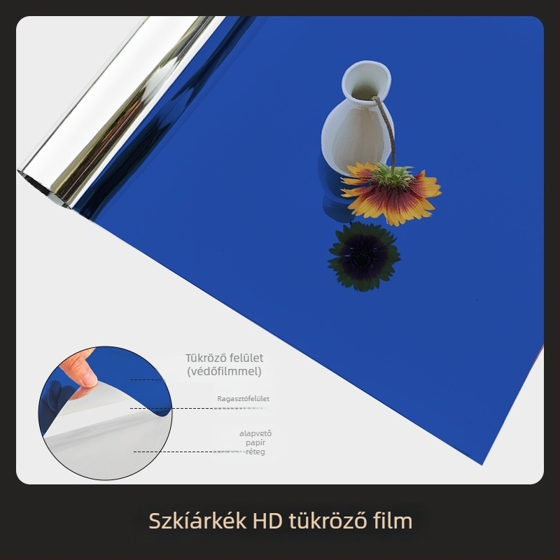 Öntapadós PET tükrös fólia falra; kétoldalas, megfelelő nappalira, hálószobára és kereskedelmi helyiségekbe; napvédelmet, árnyékolást és hőszigetelést nyújt.