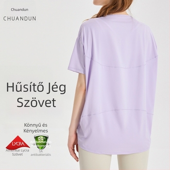 Női gyorsszáradó jógafelső, rövid ujjú, laza szabású, Ice Silk anyag, 83% nylon + 17% spandex; napvédő és bakteriostatikus hatás; csípőhosszú