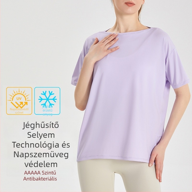 Női gyorsszáradó jógafelső, rövid ujjú, laza szabású, Ice Silk anyag, 83% nylon + 17% spandex; napvédő és bakteriostatikus hatás; csípőhosszú
