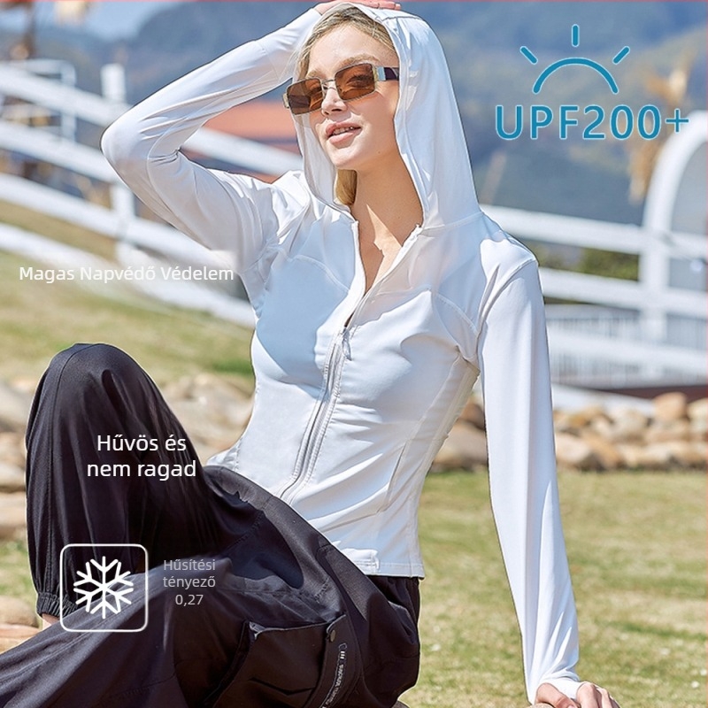 Slim női napvédő kabát nylon anyagból, UPF50+, hosszú ujjú, cipzárral elöl