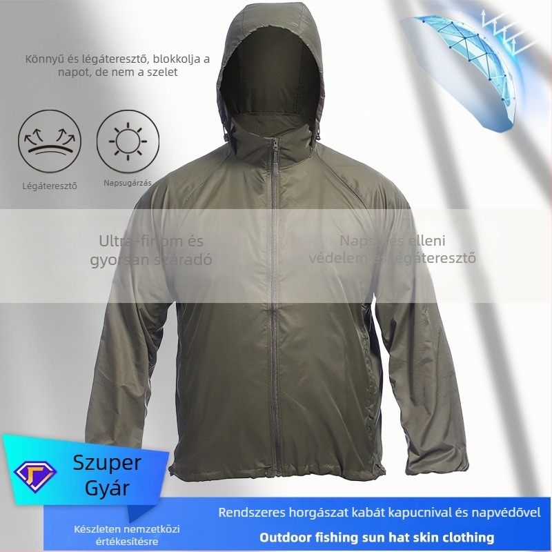 Kamufláj mintás kapucnis kültéri szélkabát — könnyű, poliészter, UV-védelem, túrázásra, kempingezésre és horgászatra