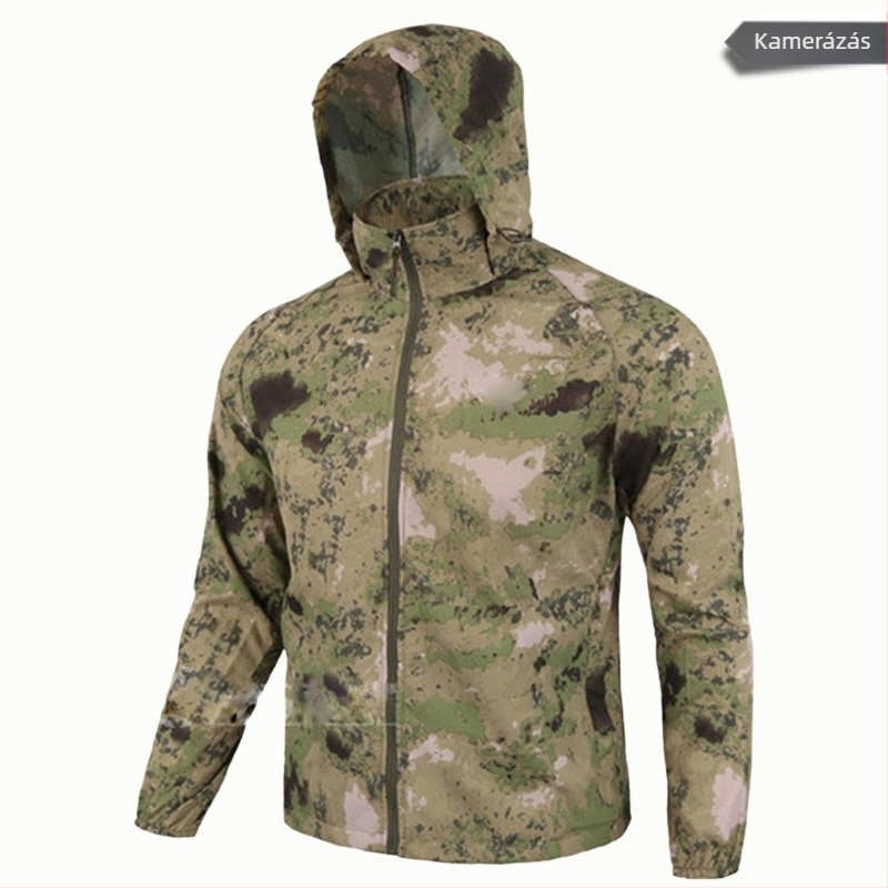 Kamufláj mintás kapucnis kültéri szélkabát — könnyű, poliészter, UV-védelem, túrázásra, kempingezésre és horgászatra