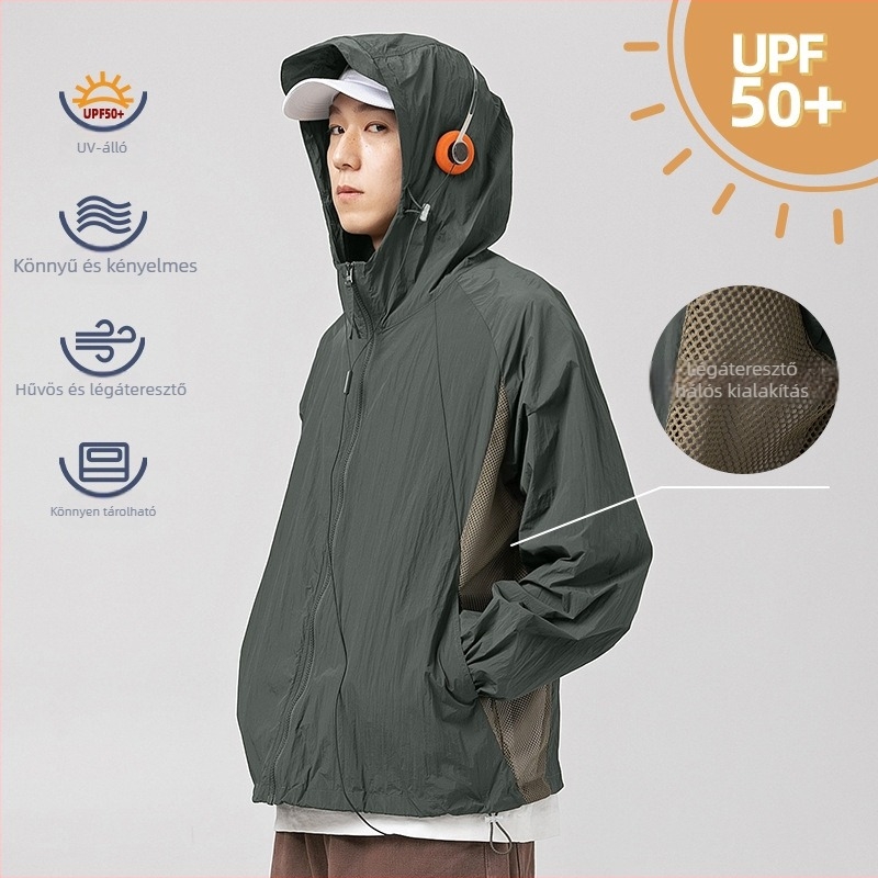 UPF50+ UV-szűrős kapucnis kabát, vékony, légáteresztő hálós anyagból, tavasz–nyár, nylon
