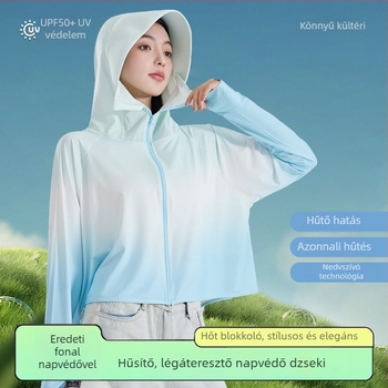 Női gradient mintázatú UV-védett, vékony hosszú ujjú kapucnis felső, kültéri viselet UPF50+