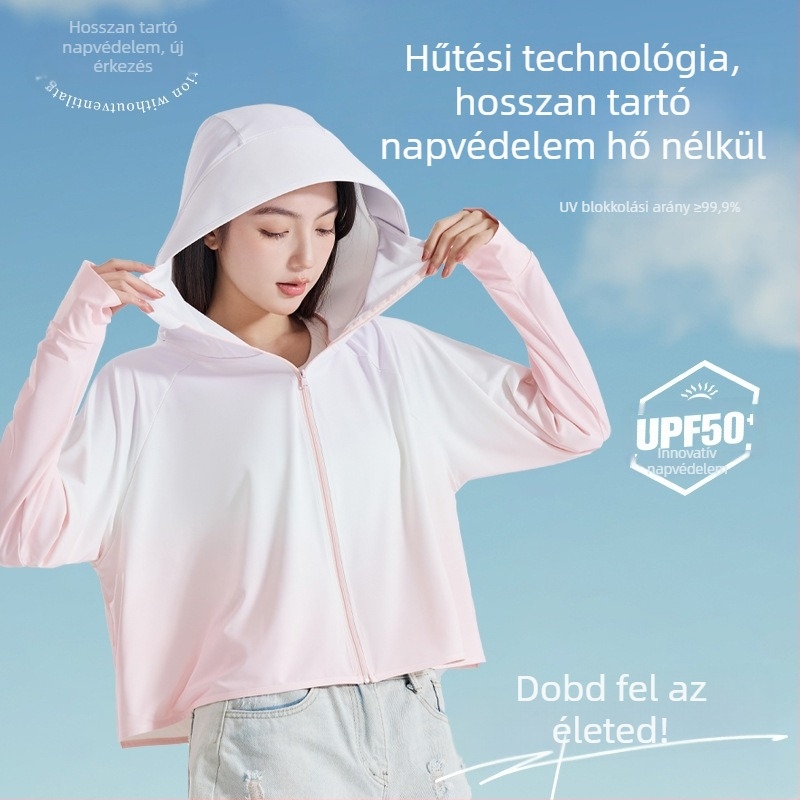 Női gradient mintázatú UV-védett, vékony hosszú ujjú kapucnis felső, kültéri viselet UPF50+