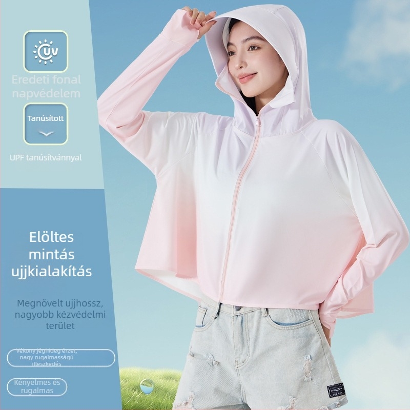 Női gradient mintázatú UV-védett, vékony hosszú ujjú kapucnis felső, kültéri viselet UPF50+