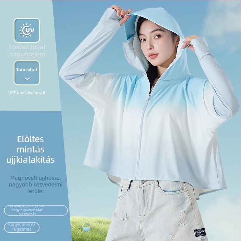 Női gradient mintázatú UV-védett, vékony hosszú ujjú kapucnis felső, kültéri viselet UPF50+