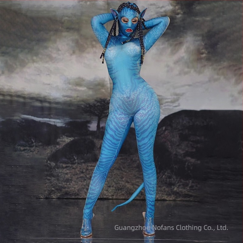 Uniszex Avatar 2 farokkal rendelkező cosplay bodysuit, színpadi és anime szerepjátékokhoz, spandex 95%+.